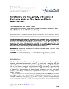 Genotoxicity and Mutagenicity of Suspended Particulate Matter of River Water and Waste Water Samples