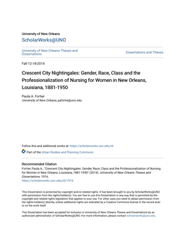 Gender, Race, Class and the Professionalization of Nursing for Women in New Orleans, Louisiana, 1881-1950