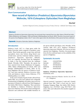 New Record of Hydaticus (Prodaticus) Bipunctatus Bipunctatus Wehncke, 1876 (Coleoptera: Dytiscidae) from Meghalaya