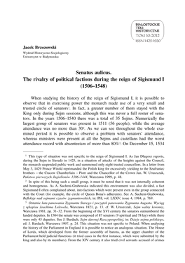 Senatus Aulicus. the Rivalry of Political Factions During the Reign of Sigismund I (1506–1548)