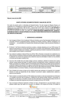 Macanal, Marzo Del Año 2020 ASUNTO: ESTUDIOS, DOCUMENTOS PREVIOS Y ANALISIS DEL SECTOR Por Medio Del Presente Escrito, La Secre