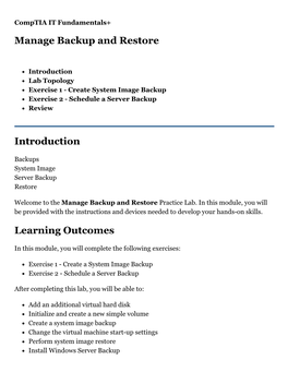 Manage Backup and Restore Introduction Learning Outcomes