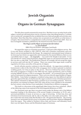 Jewish Organists and Organs in German Synagogues