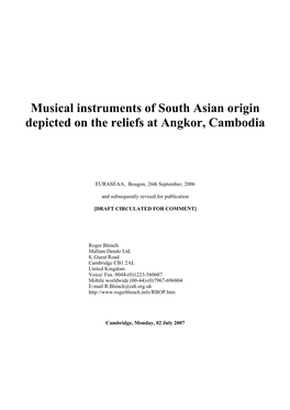 Musical Instruments of South Asian Origin Depicted on the Reliefs at Angkor, Cambodia