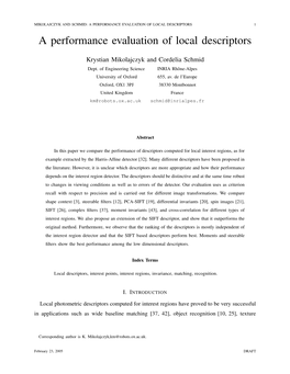 A PERFORMANCE EVALUATION of LOCAL DESCRIPTORS 1 a Performance Evaluation of Local Descriptors