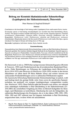 Beitrag Zur Kenntnis Blattminierender Schmetterlinge (Lepidoptera) Der Südoststeiermark, Österreich