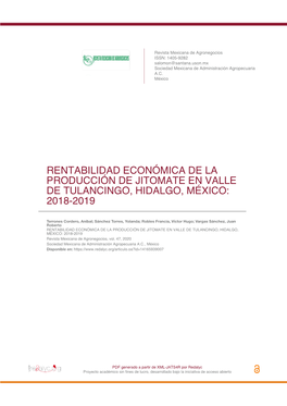 Rentabilidad Económica De La Producción De Jitomate En Valle De Tulancingo, Hidalgo, México: 2018-2019