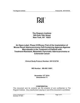 The Rogosin Institute 505 East 70Th Street New York, NY 10021 an Open-Label, Phase II Efficacy Trial of the Implantation Of