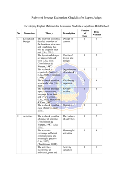 Rubric of Product Evaluation Checklist for Expert Judges