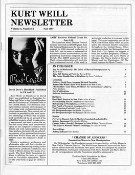 KURT WEILL NEWSLETTER Volume 5, Number 2 Fall 1987