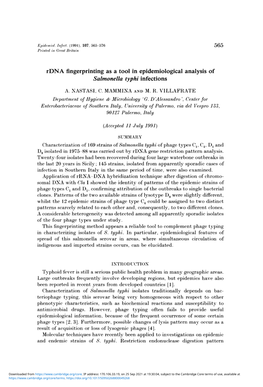 Rdna Fingerprinting As a Tool in Epidemiological Analysis of Salmonella Typhi Infections