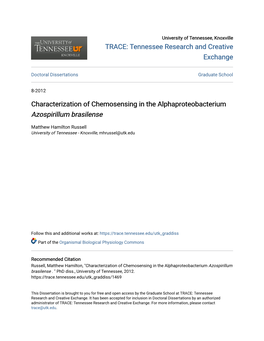 Characterization of Chemosensing in the Alphaproteobacterium &lt;I&gt; Azospirillum Brasilense &lt;/I&gt;