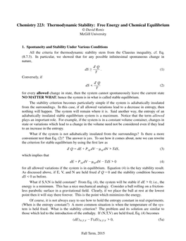 Thermodynamic Stability: Free Energy and Chemical Equilibrium ©David Ronis Mcgill University