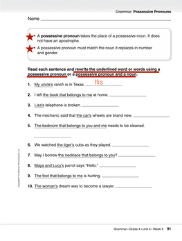 Read Each Sentence and Rewrite the Underlined Word Or Words Using a Possessive Pronoun Or a Possessive Pronoun and a Noun