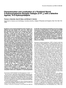 Characterization and Localization of a Peripheral Neural 5Hydroxytryptamine Receptor Subtype (5=HT,,) with a Selective Agonist, 3H-5-Hydroxyindalpine