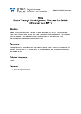 1986 Peace Through Non-Alignment: the Case for British Withdrawal from NATO