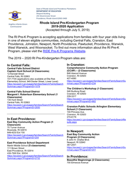 Rhode Island Pre-Kindergarten Program 2019-2020 Application (Accepted Through July 5, 2019) the RI Pre-K Program Is Accepting Ap