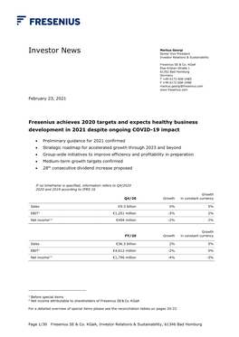 Fresenius Achieves 2020 Targets and Expects Healthy Business Development in 2021 Despite Ongoing COVID-19 Impact