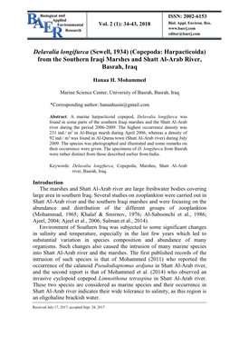 Delavalia Longifurca (Sewell, 1934) (Copepoda: Harpacticoida) from the Southern Iraqi Marshes and Shatt Al-Arab River, Basrah, Iraq