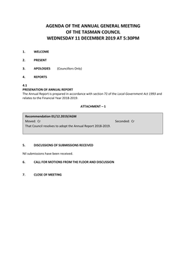 Agenda of the Annual General Meeting of the Tasman Council Wednesday 11 December 2019 at 5:30Pm