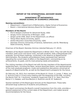 REPORT of the INTERNATIONAL ADVISORY BOARD for DEPARTMENT of MATHEMATICS HIGHER SCHOOL of ECONOMICS (MOSCOW)