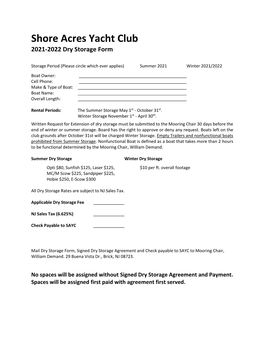 Shore Acres Yacht Club 2021-2022 Dry Storage Form