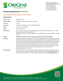 Naca Mouse Shrna Plasmid (Locus ID 17938) – TL501429 | Origene