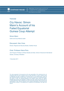 Cry Havoc: Simon Mann's Account of His Failed Equatorial Guinea Coup