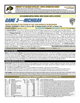 GAME 3—MICHIGAN BUFFS RETURN to the SCENE of the 1994 MIRACLE in MICHIGAN SATURDAY, SEPTEMBER 17, 2016 1:42 P.M