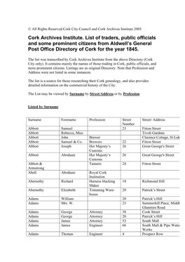 Cork Archives Institute. List of Traders, Public Officials and Some Prominent Citizens from Aldwell’S General Post Office Directory of Cork for the Year 1845