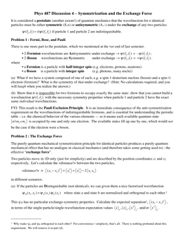 Phys 487 Discussion 4 – Symmetrization and the Exchange