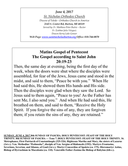 Matins Gospel of Pentecost the Gospel According to Saint John 20