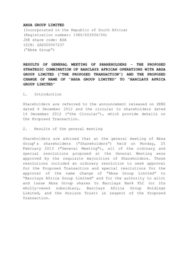 ABSA GROUP LIMITED (Incorporated in the Republic of South Africa) (Registration Number: 1986/003934/06) JSE Share Code: ASA ISIN: ZAE000067237 (“Absa Group”)