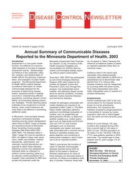 Annual Summary of Communicable Disease Reported to MDH, 2003