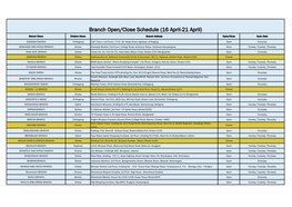 Branch Open/Close Schedule (16 April-21 April)