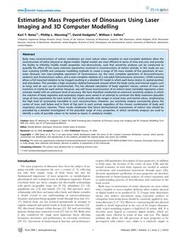 Estimating Mass Properties of Dinosaurs Using Laser Imaging and 3D Computer Modelling