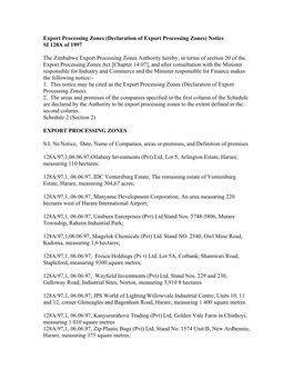 Notice SI 128A of 1997 the Zimbabwe Export Processing Zones