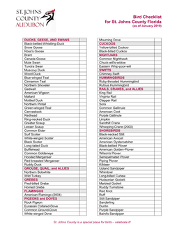 Bird Checklist for St. Johns County Florida (As of January 2019)