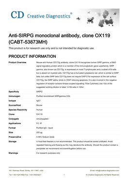Anti-SIRPG Monoclonal Antibody, Clone OX119 (CABT-53873MH) This Product Is for Research Use Only and Is Not Intended for Diagnostic Use