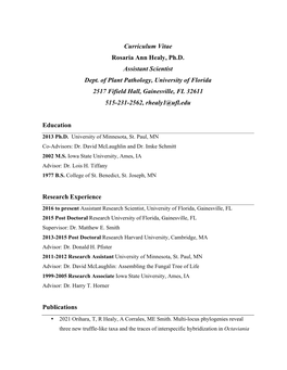 Curriculum Vitae Rosaria Ann Healy, Ph.D. Assistant Scientist Dept. Of