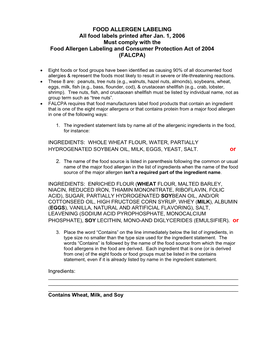 FOOD ALLERGEN LABELING All Food Labels Printed After Jan