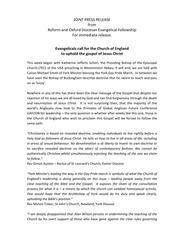 JOINT PRESS RELEASE from Reform and Oxford Diocesan Evangelical Fellowship for Immediate Release