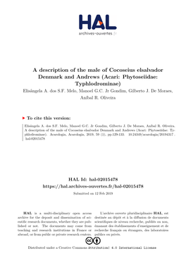 A Description of the Male of Cocoseius Elsalvador Denmark and Andrews (Acari: Phytoseiidae: Typhlodrominae) Elisângela A