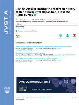 Tracing the Recorded History of Thin-Film Sputter Deposition: from the 1800S to 2017