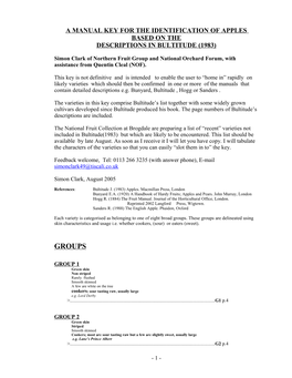 A Manual Key for the Identification of Apples Based on the Descriptions in Bultitude (1983)