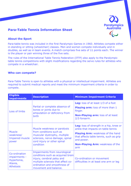 Para-Table Tennis Information Sheet