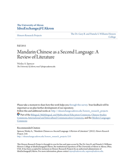 Mandarin Chinese As a Second Language: a Review of Literature Wesley A