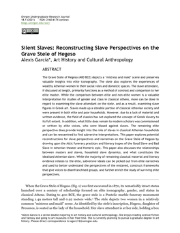 Reconstructing Slave Perspectives on the Grave Stele of Hegeso Alexis Garcia*, Art History and Cultural Anthropology