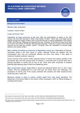 Page 1 of 7 Core Group Wolf Background Information Member State: Switzerland Location: Canton of Bern Large Carnivores: Wolf