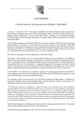 Anti-Doping Cas Decision in the Arbitration Wada V. Rusada
